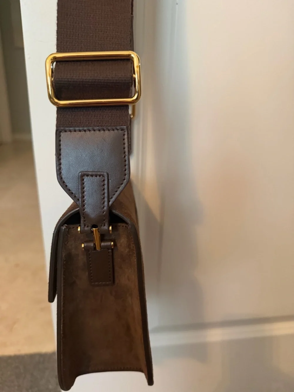 Tom Ford Dark Brown Suede Messenger Bag with Gold-Tone Hardware - Picture 8 of 10